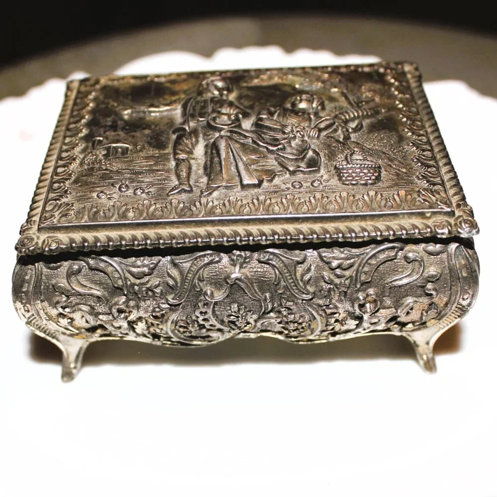 Vintage Japan Silver Jewelry Box Romantic Repoussé Trinket Case with Red Velvet